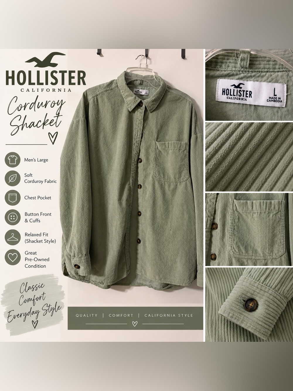 Hollister Sage Green Corduroy Shacket